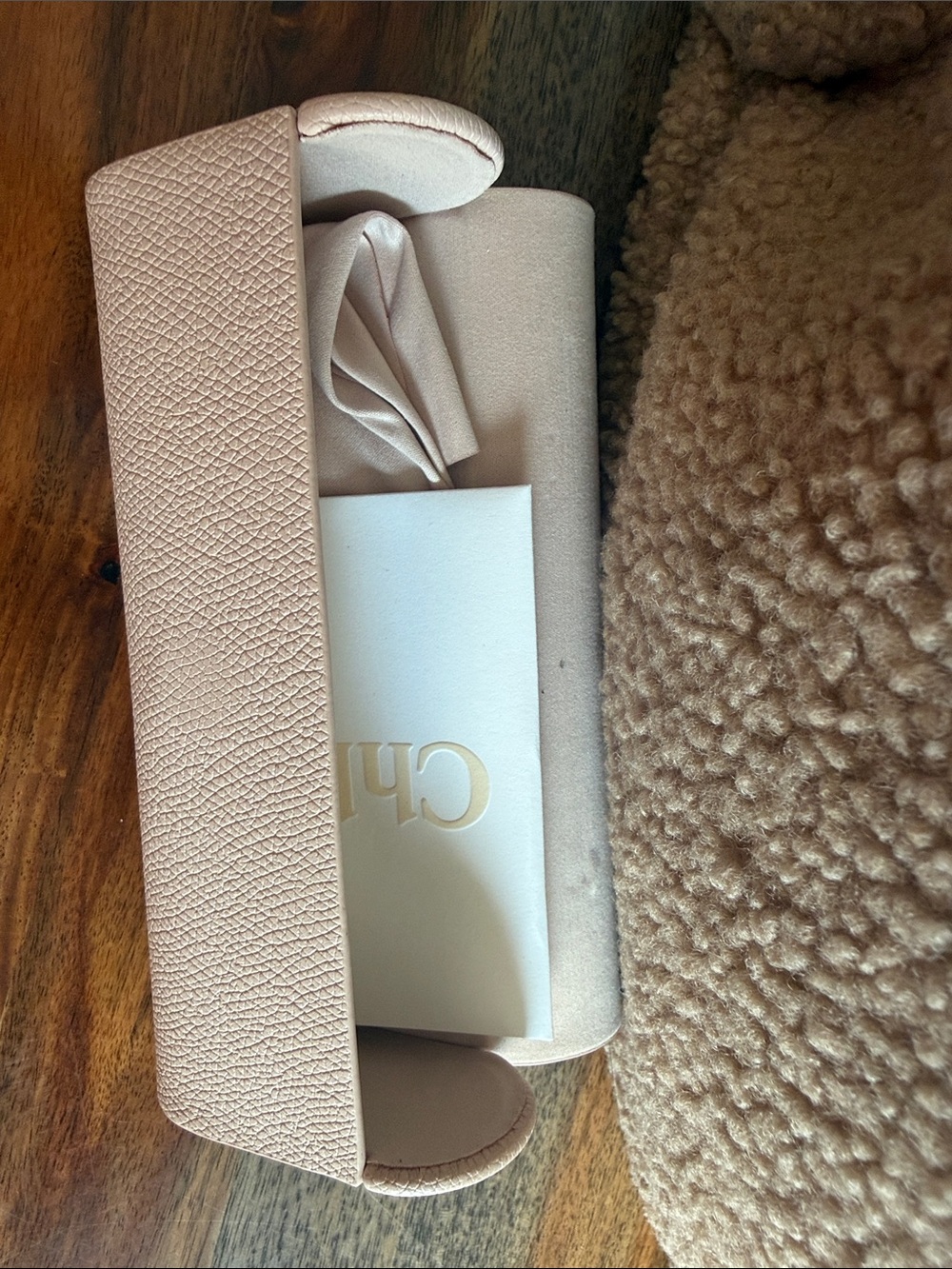 Chloe blush pink sunglasses case with soft pouch